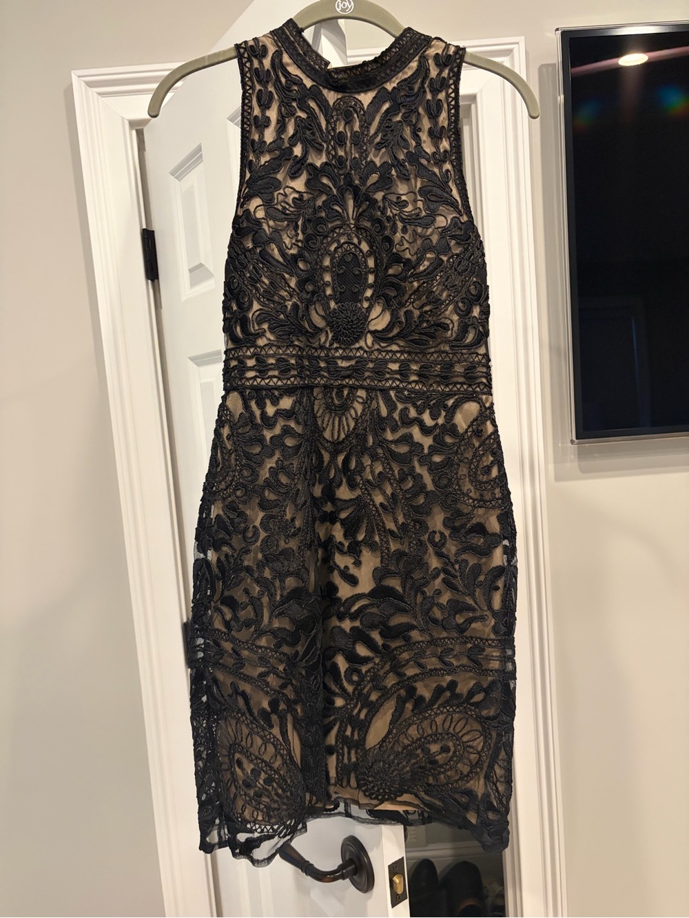Parker Black Embroidered Lace Midi Dress with Nude Lining